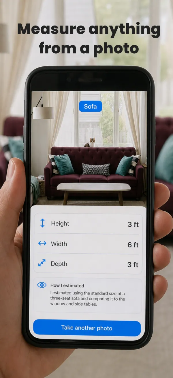 Measure Height app measuring a sofa from a photo, showing height 3 ft, width 6 ft and depth 3 ft