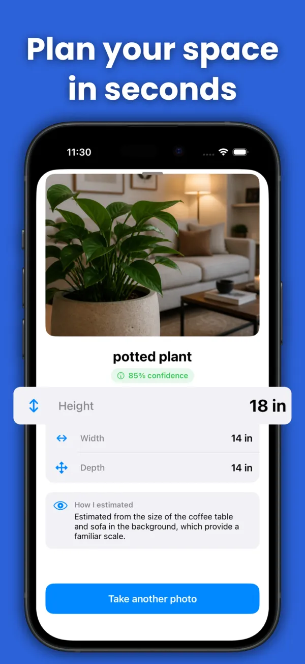 Result screen for a potted plant with an 85 percent confidence badge