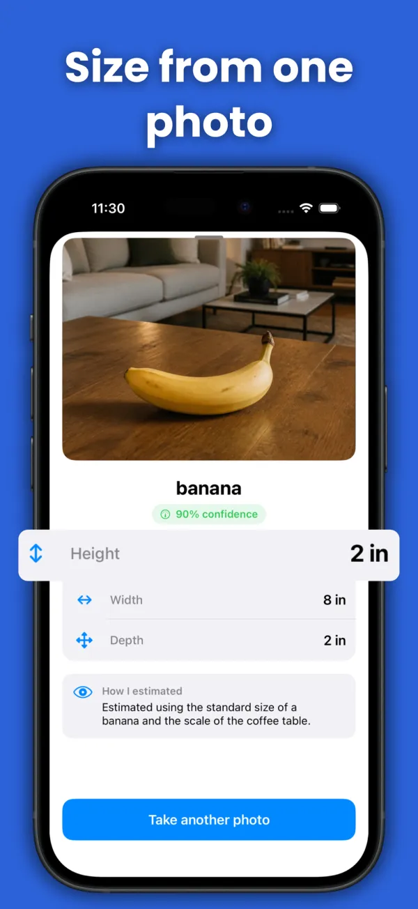 A banana measured against the scale of the coffee table behind it